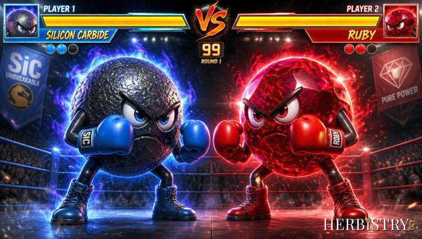 Silicon carbide ball and ruby ball as cartoon boxers facing off in a ring