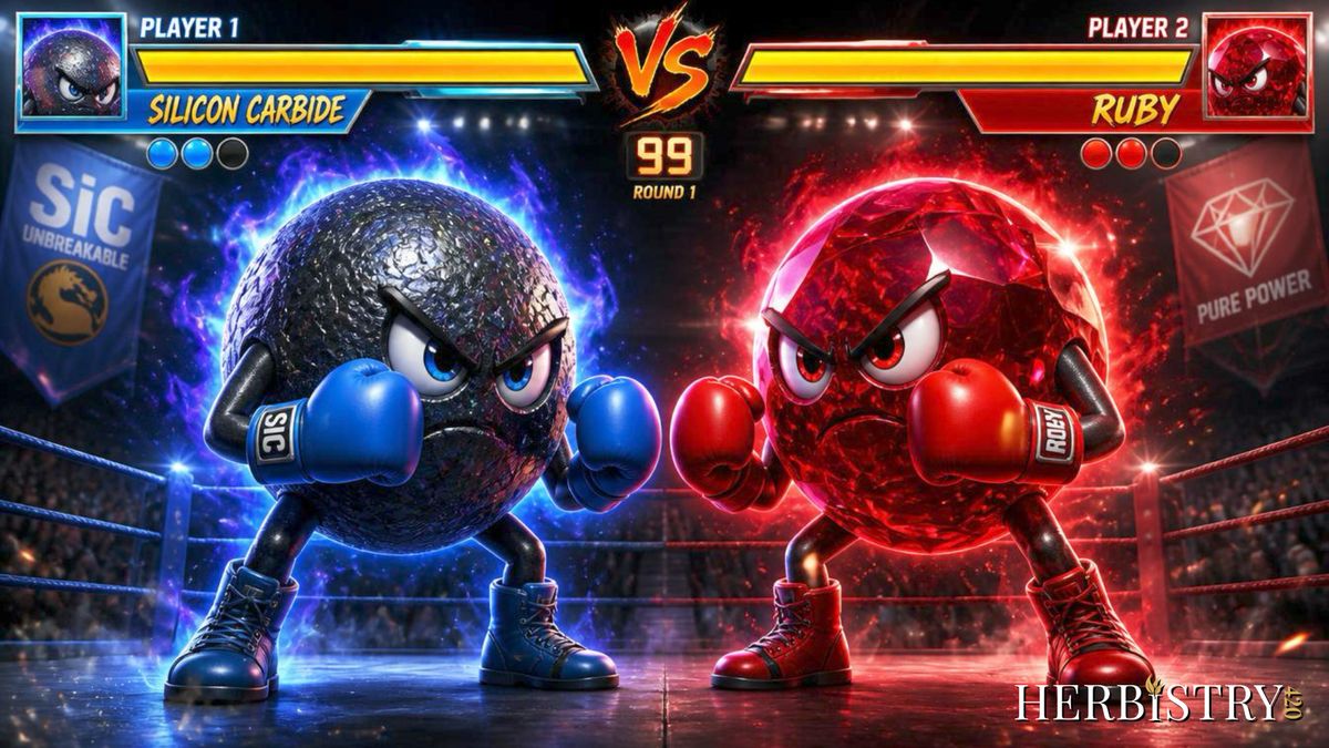 Silicon carbide ball and ruby ball as cartoon boxers facing off in a ring