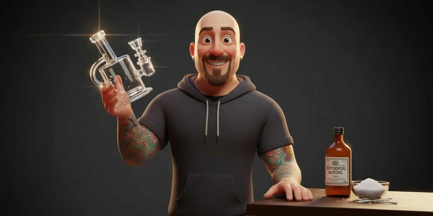 3D character holding a sparkling clean glass dab rig