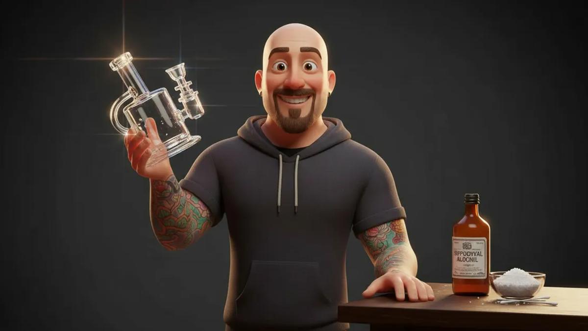 3D character holding a sparkling clean glass dab rig