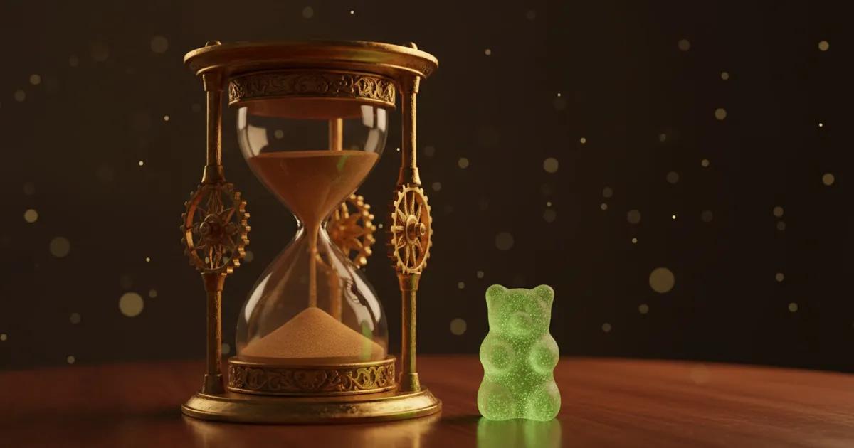 Golden hourglass with cannabis gummy representing edible onset time
