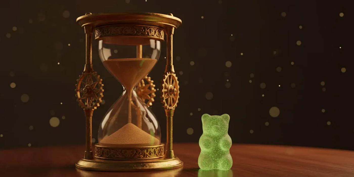 Golden hourglass with cannabis gummy representing edible onset time