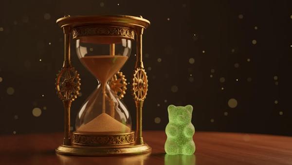 Golden hourglass with cannabis gummy representing edible onset time