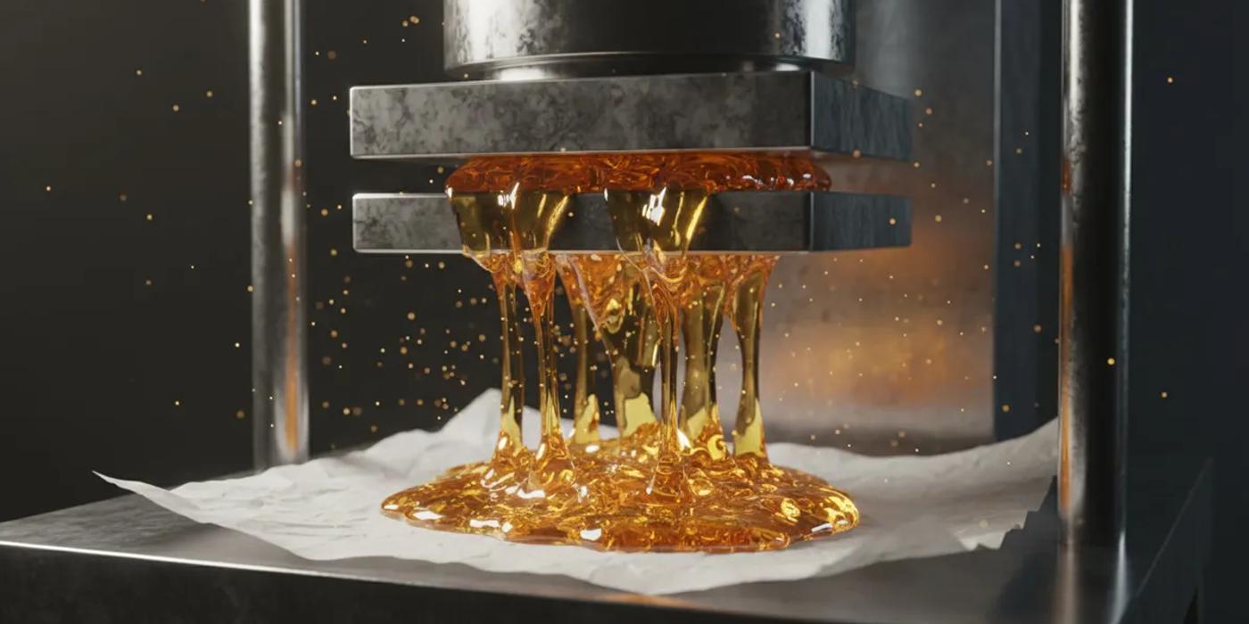 Rosin press with golden amber rosin oozing onto parchment paper