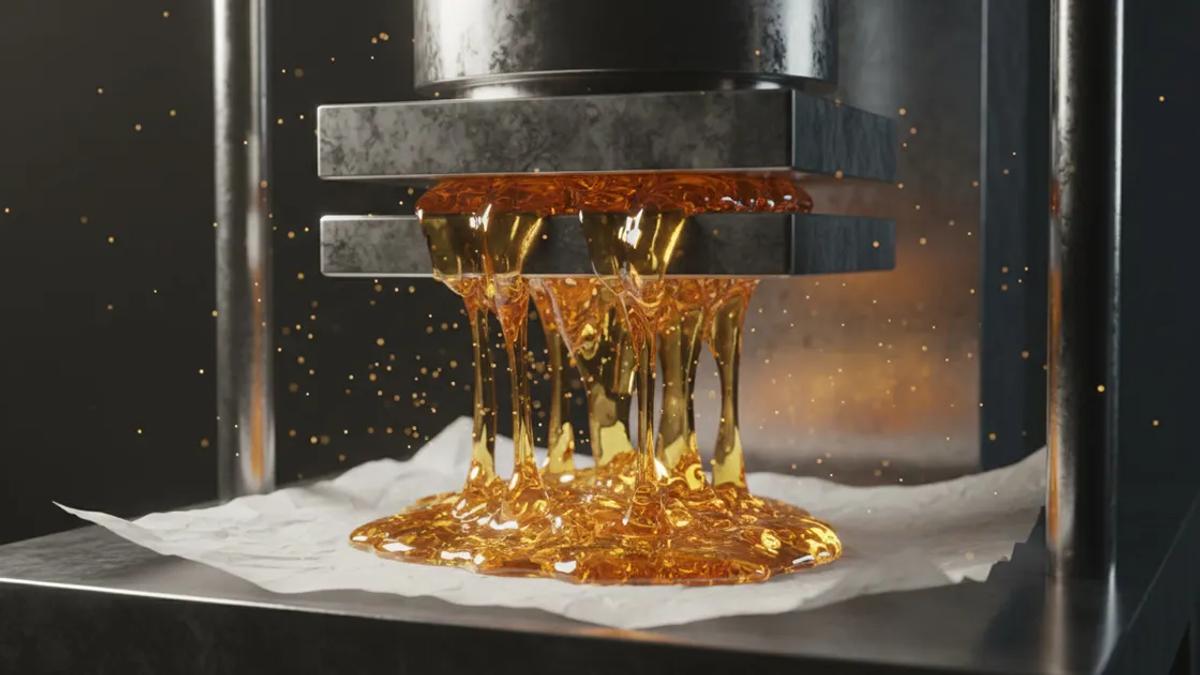 Rosin press with golden amber rosin oozing onto parchment paper
