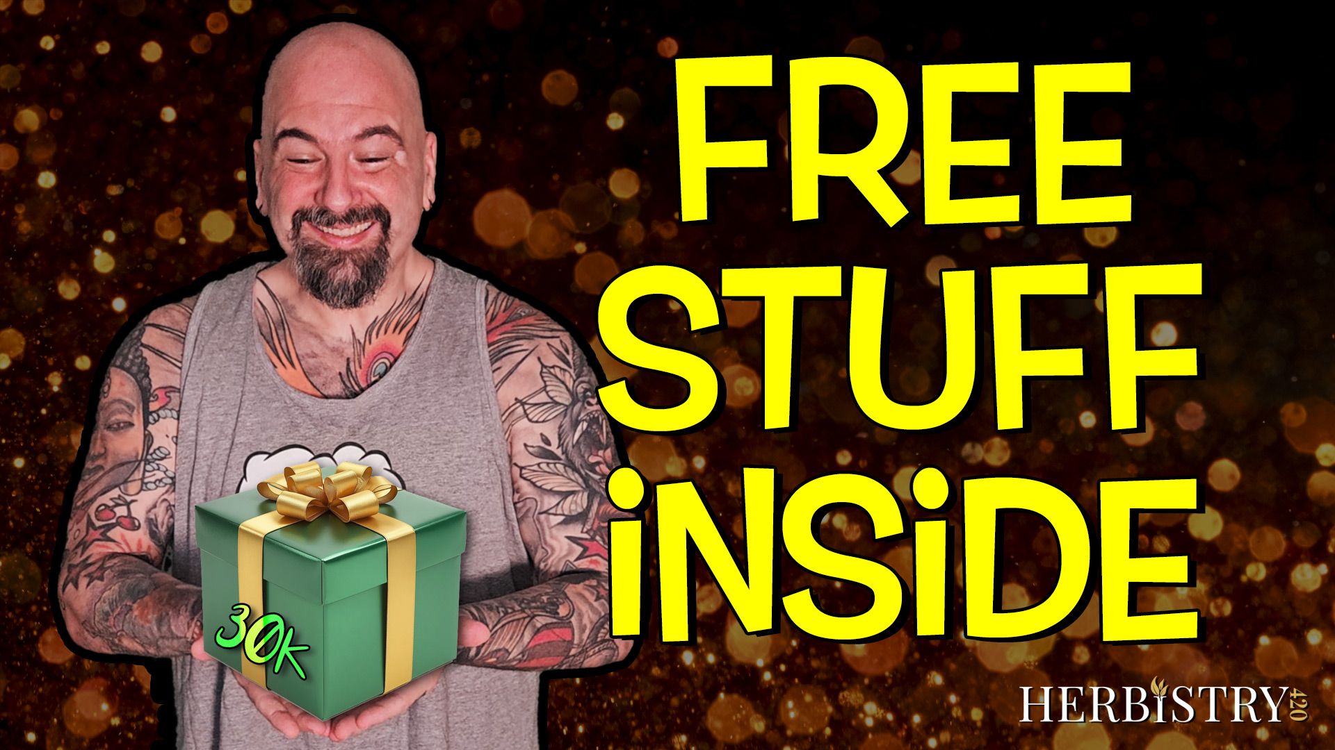 Fordee holding a green gift box with a gold ribbon and a 30K label next to the words Free Stuff Inside