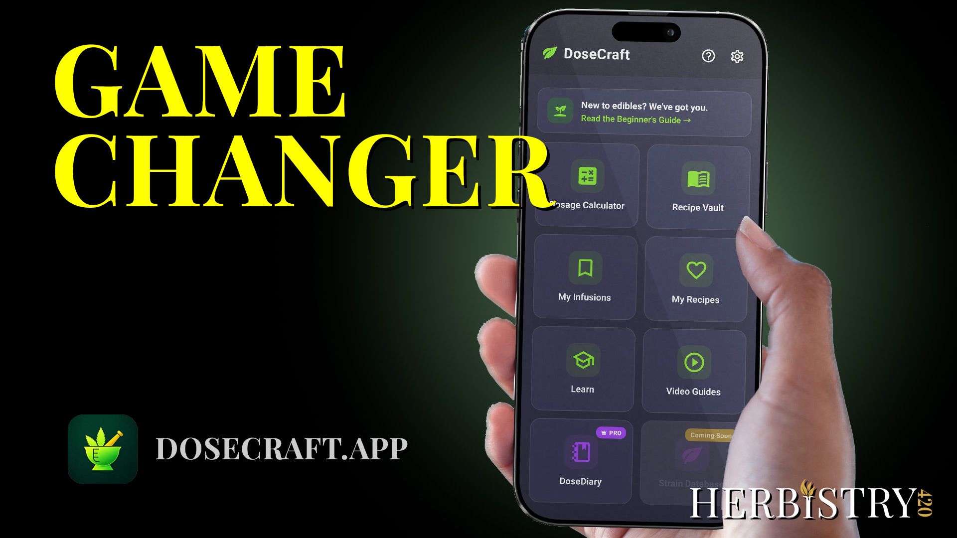 DoseCraft app home screen on iPhone with the words GAME CHANGER on a black background