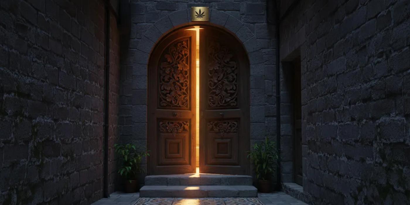 Ornate door with warm light representing a Spanish cannabis club entrance