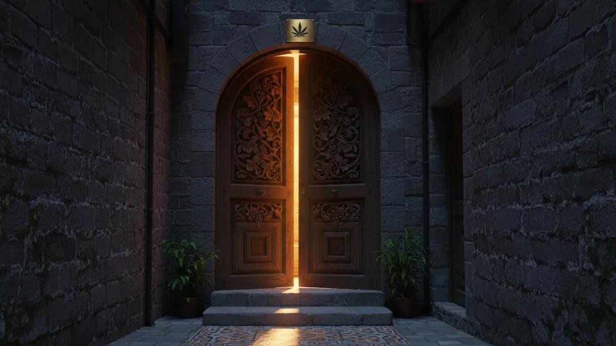 Ornate door with warm light representing a Spanish cannabis club entrance