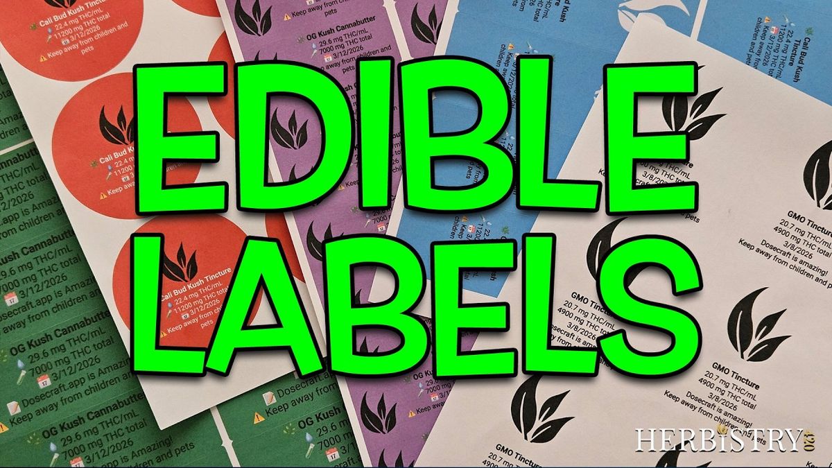 Printed edible label sheets fanned out in red, green, purple, blue and white, each label showing a strain name, THC strength and date