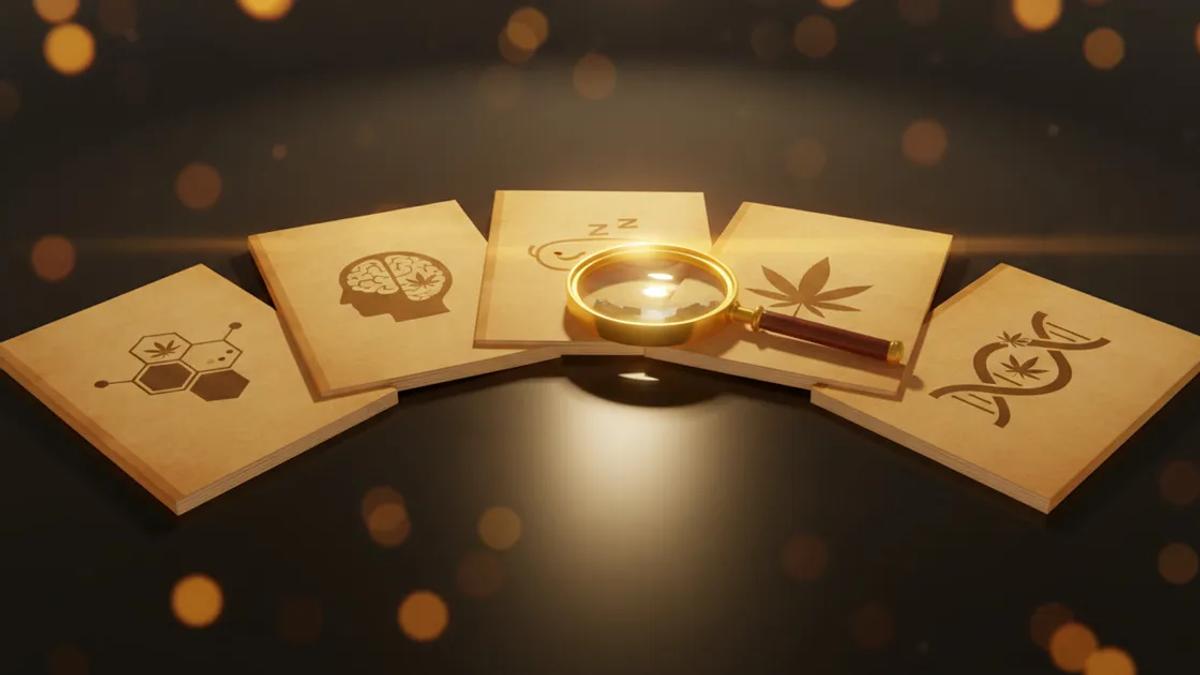 Research papers with cannabis science icons and a magnifying glass
