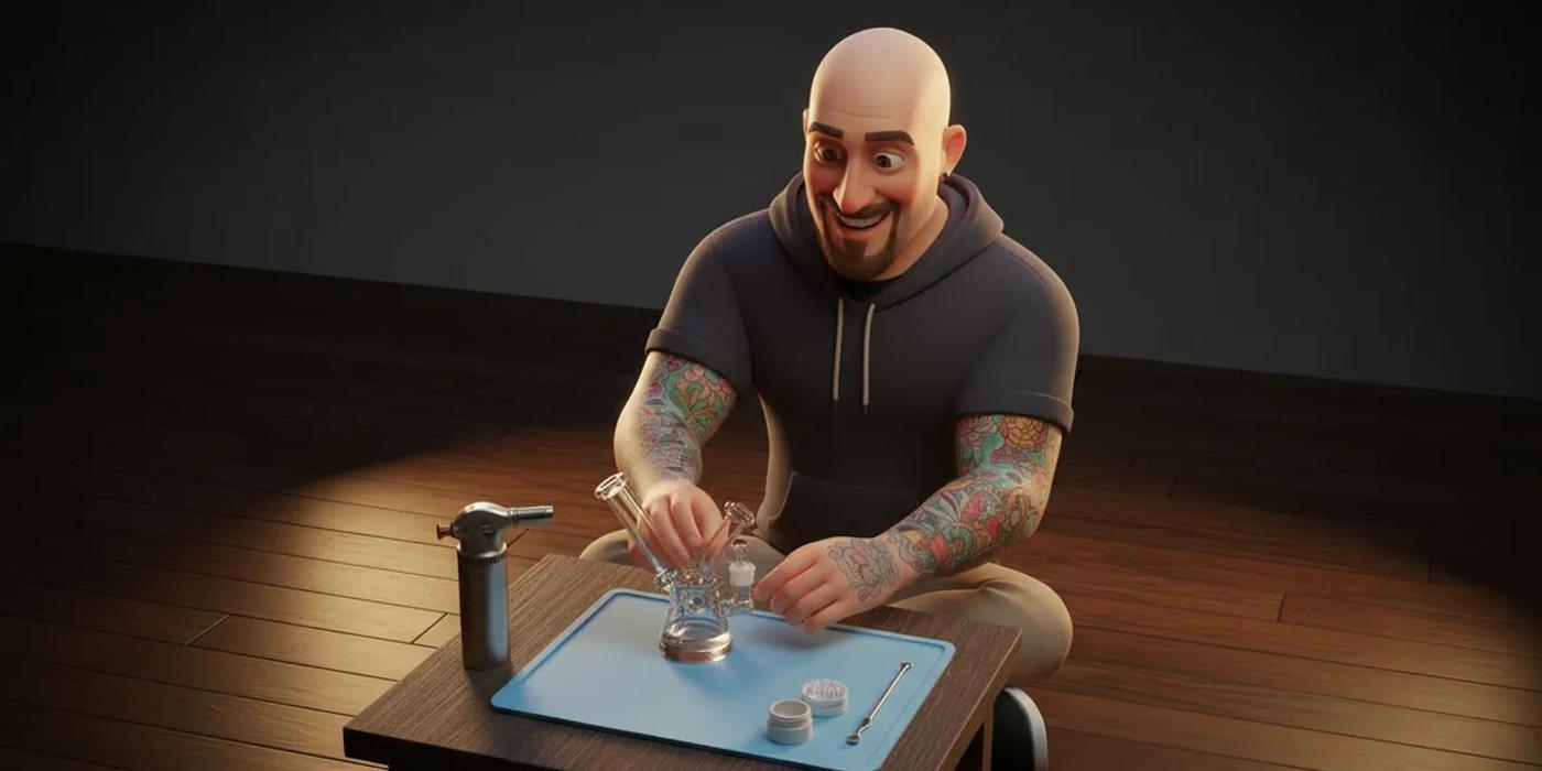 3D character organizing a session setup with dab rig and accessories