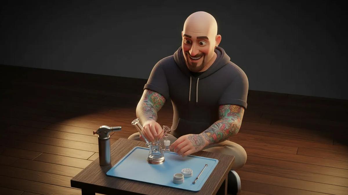 3D character organizing a session setup with dab rig and accessories