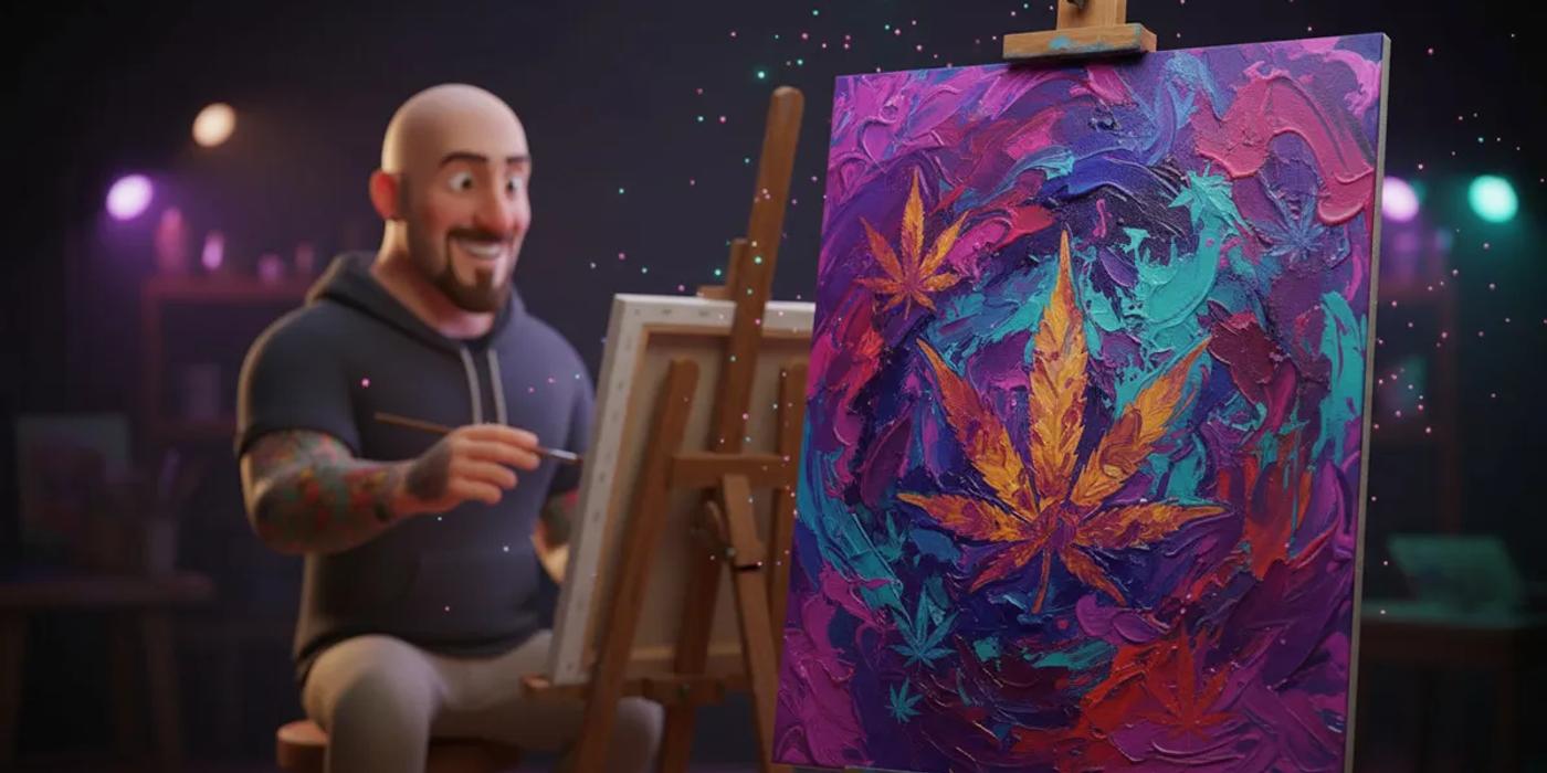 3D character painting at an easel with colorful abstract cannabis art