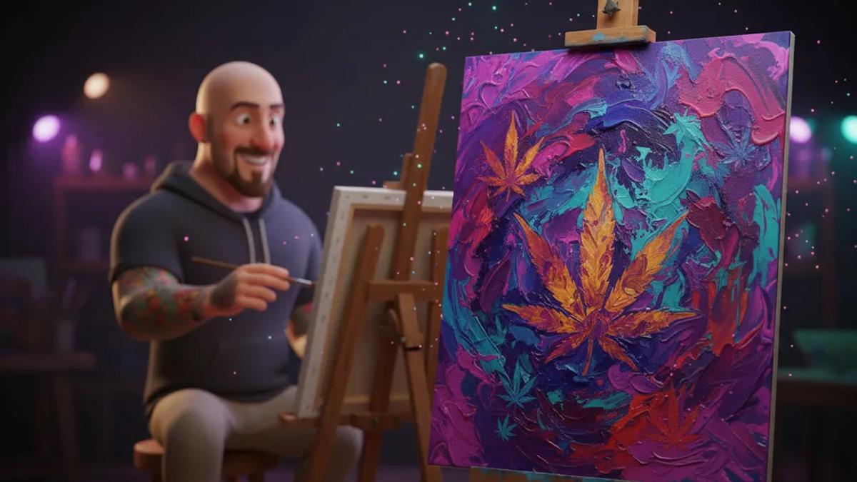 3D character painting at an easel with colorful abstract cannabis art