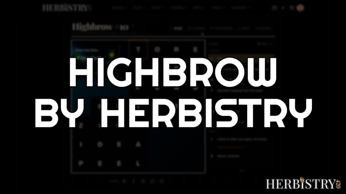 Highbrow by Herbistry, a daily weed crossword puzzle, with the puzzle grid behind the title text.