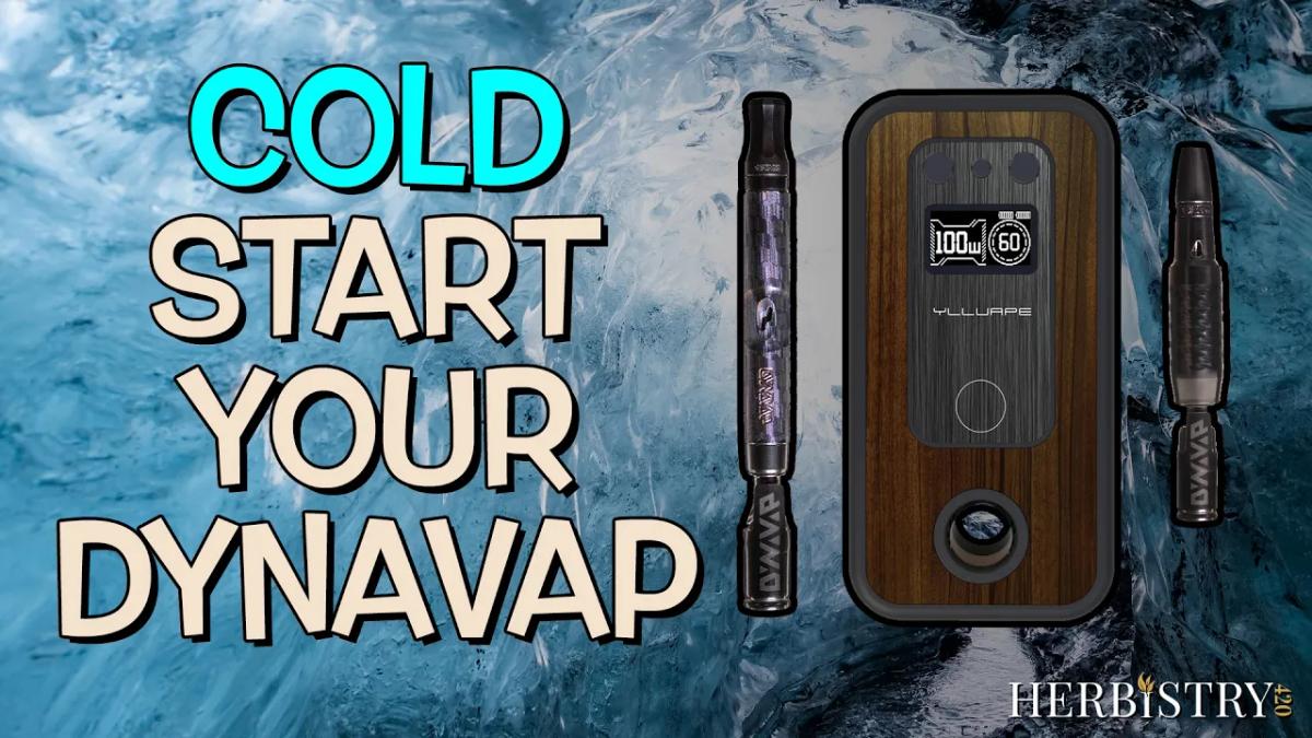 DynaVap M7 XL Stealth and Vong-X Stealth sitting in an icy cave alongside a YLLVape IH3.0 induction heater — the thumbnail for the cold start technique tutorial.