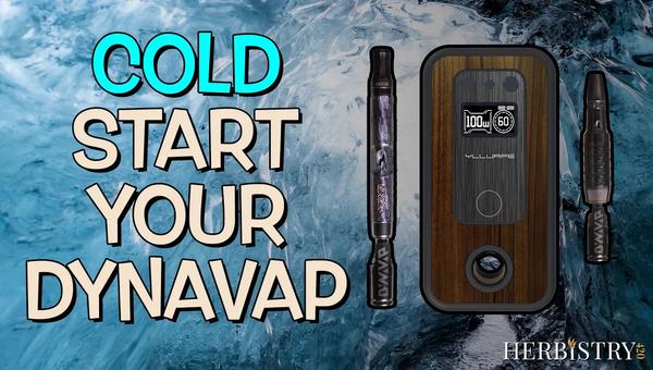 DynaVap M7 XL Stealth and Vong-X Stealth sitting in an icy cave alongside a YLLVape IH3.0 induction heater — the thumbnail for the cold start technique tutorial.