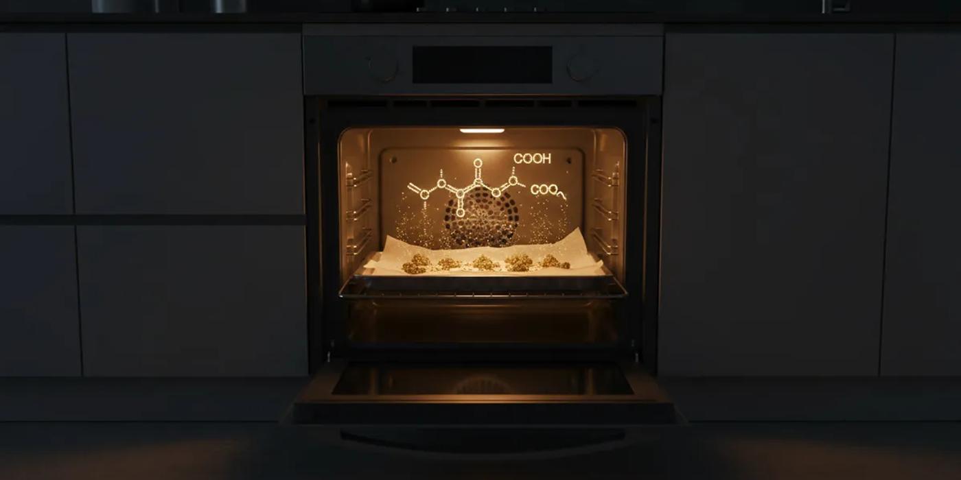 Open oven with cannabis on a baking sheet showing the decarboxylation process