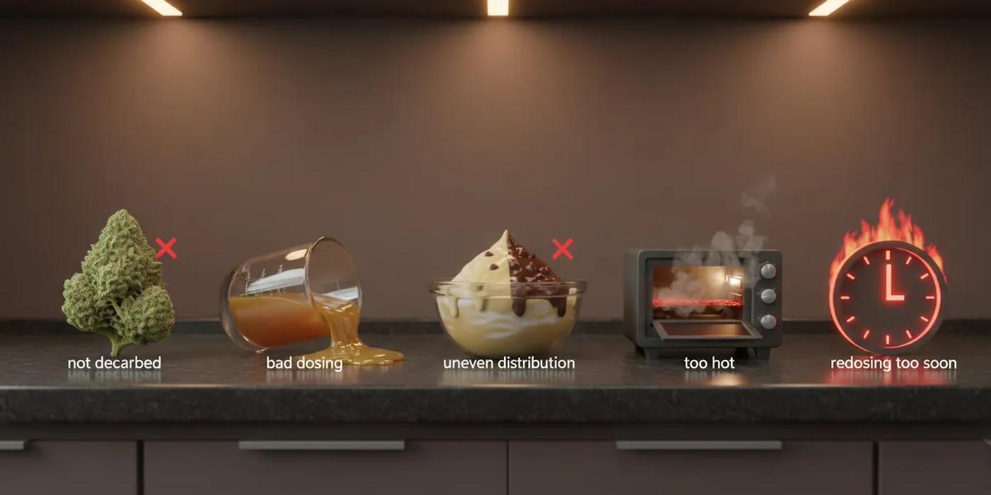 Five items representing common edible mistakes on a kitchen countertop