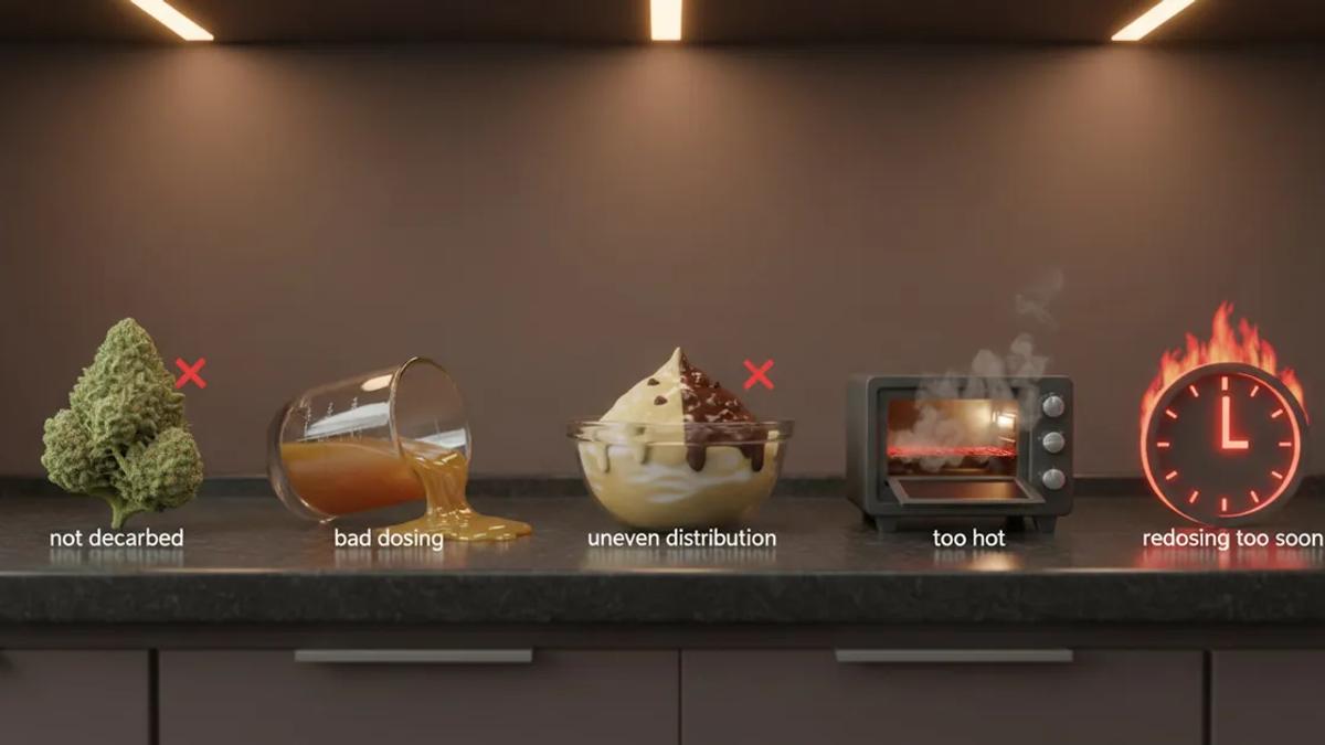 Five items representing common edible mistakes on a kitchen countertop