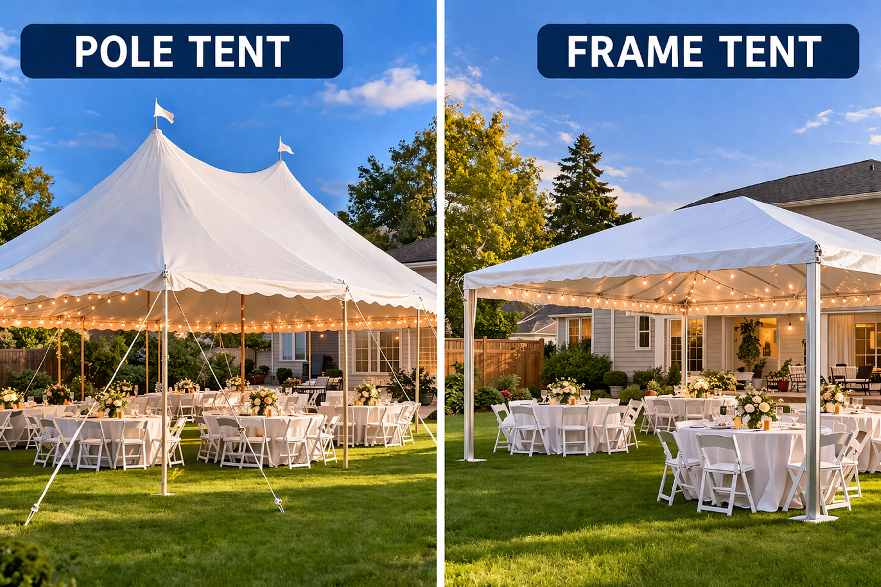 A backyard event in Caldwell and West Essex, under a pole tent and a frame tent.