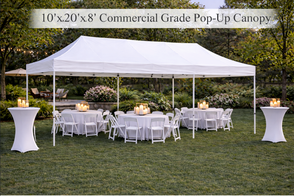 10 by 20 pop-up tent for small backyard rental package