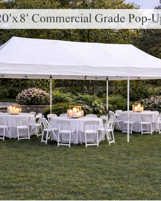 10 x 20 pop-up tent for small backyard rental package (linens & high-top tables not included)