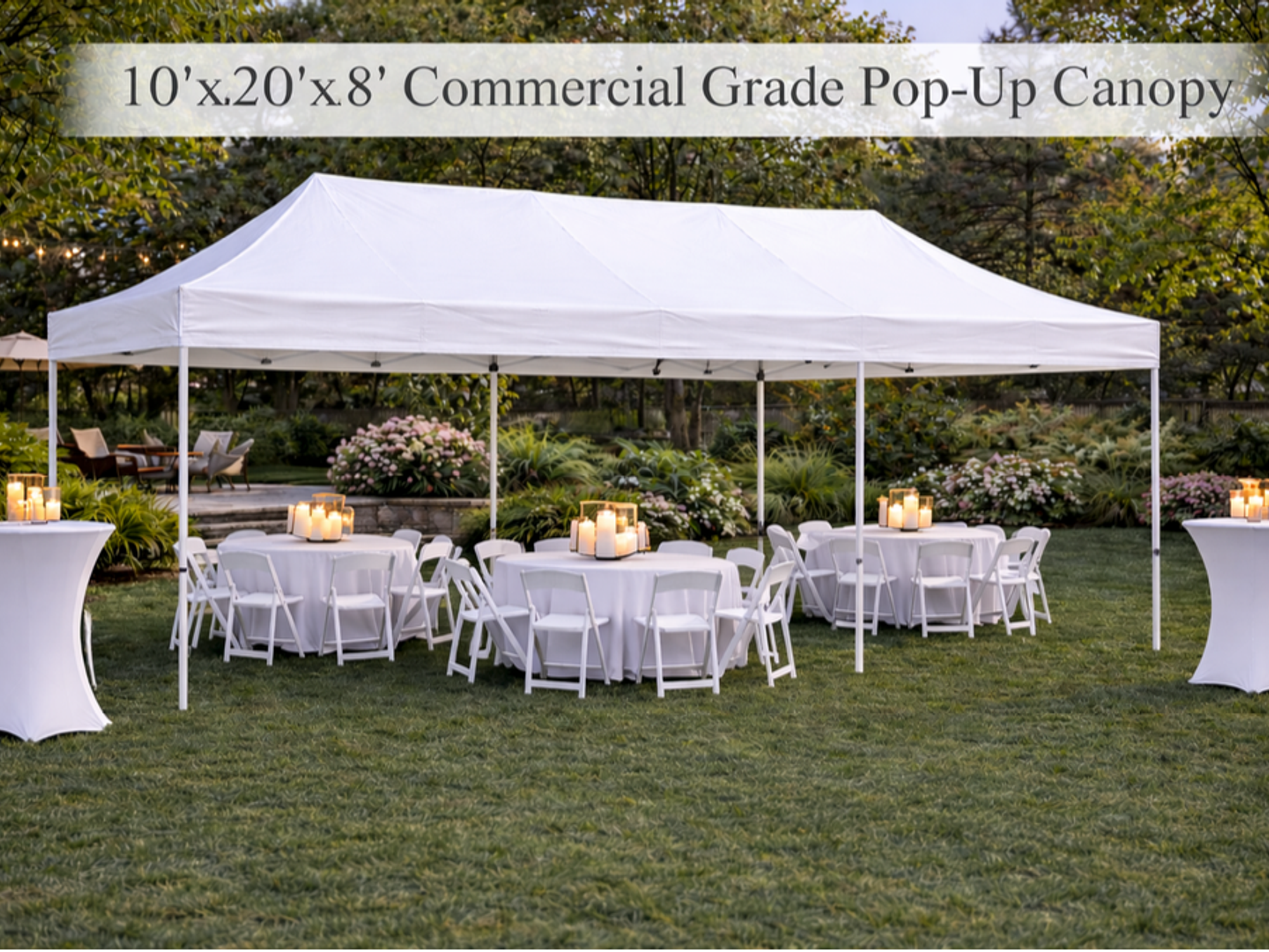 10 x 20 pop-up tent for small backyard rental package (linens & high-top tables not included)
