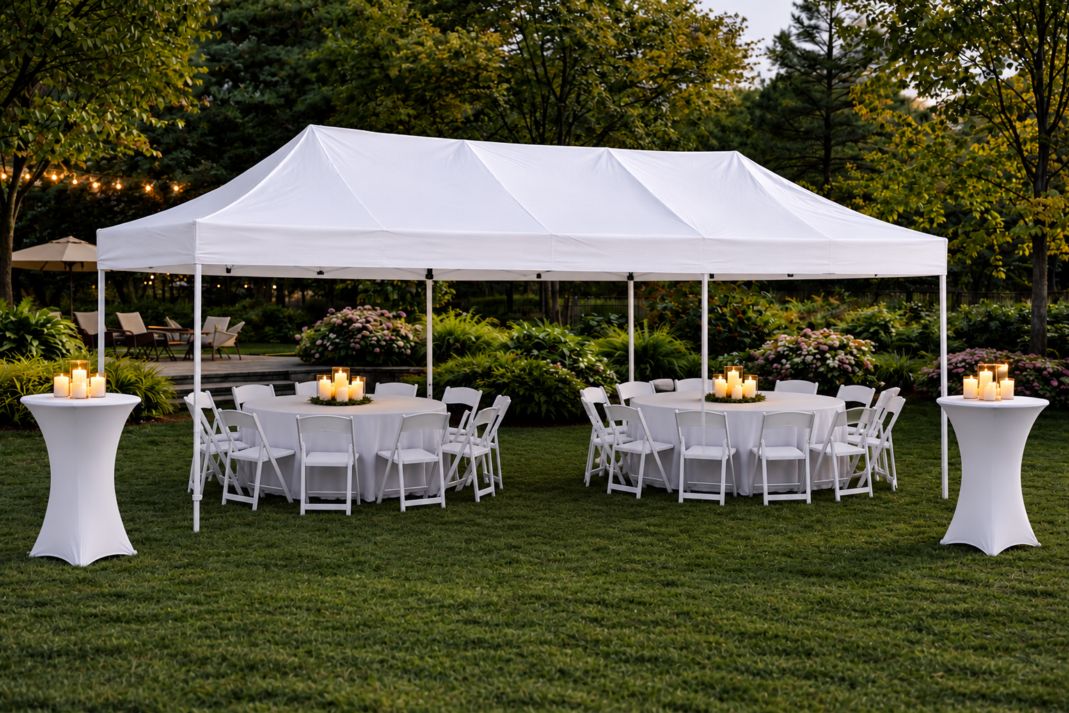 10 x 20 pop-up tent for small backyard rental package (linens & high-top tables not included)