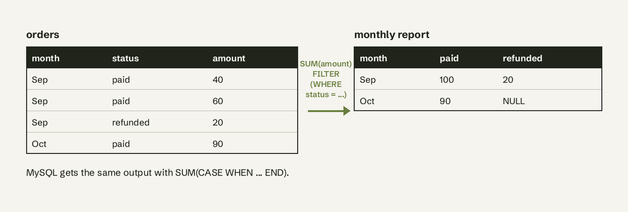 Same orders rows produce the same monthly result, but Postgres needs one clause per metric