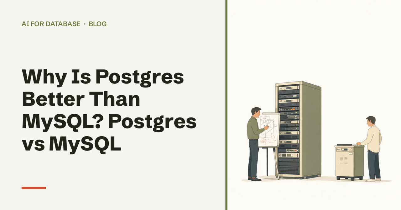 Why Is Postgres Better Than MySQL? Postgres vs MySQL: two men stand beside a tall server rack; one draws a diagram on a whiteboard while the other works at a smaller machine.