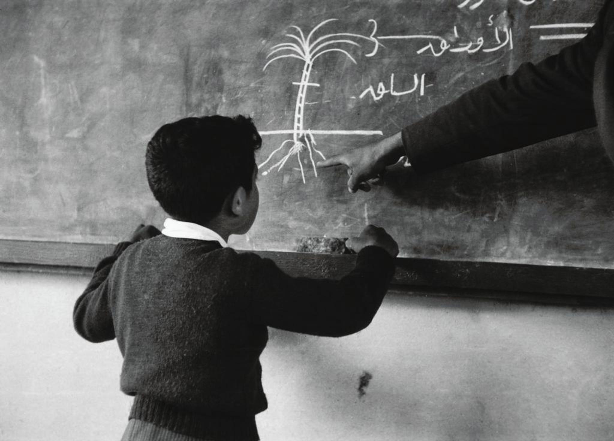 Boy in front of a blackboard in a classroom teaching situation.
