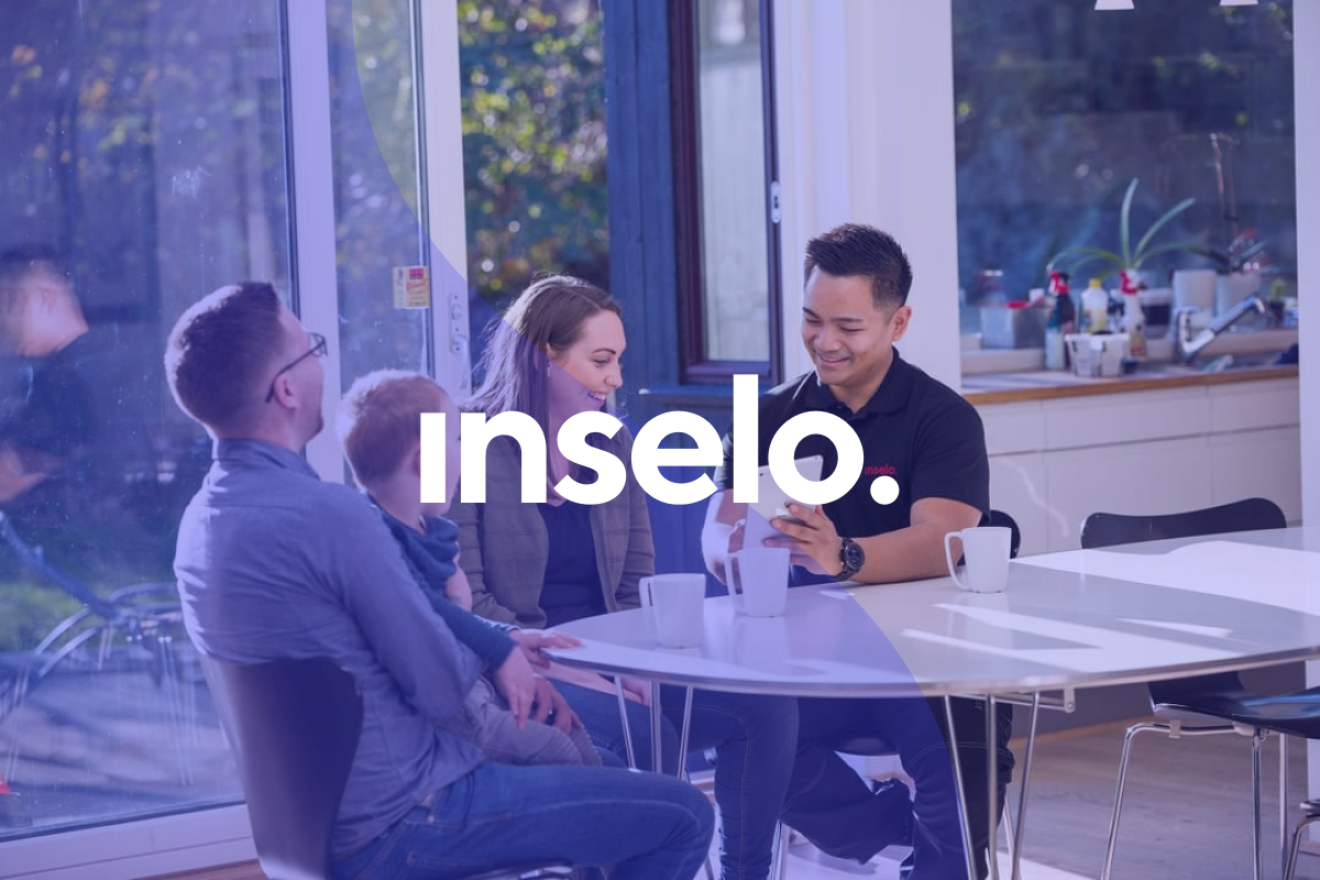 A picture of a family with a service technician under a purple swayed overlay and a white Inselo logo