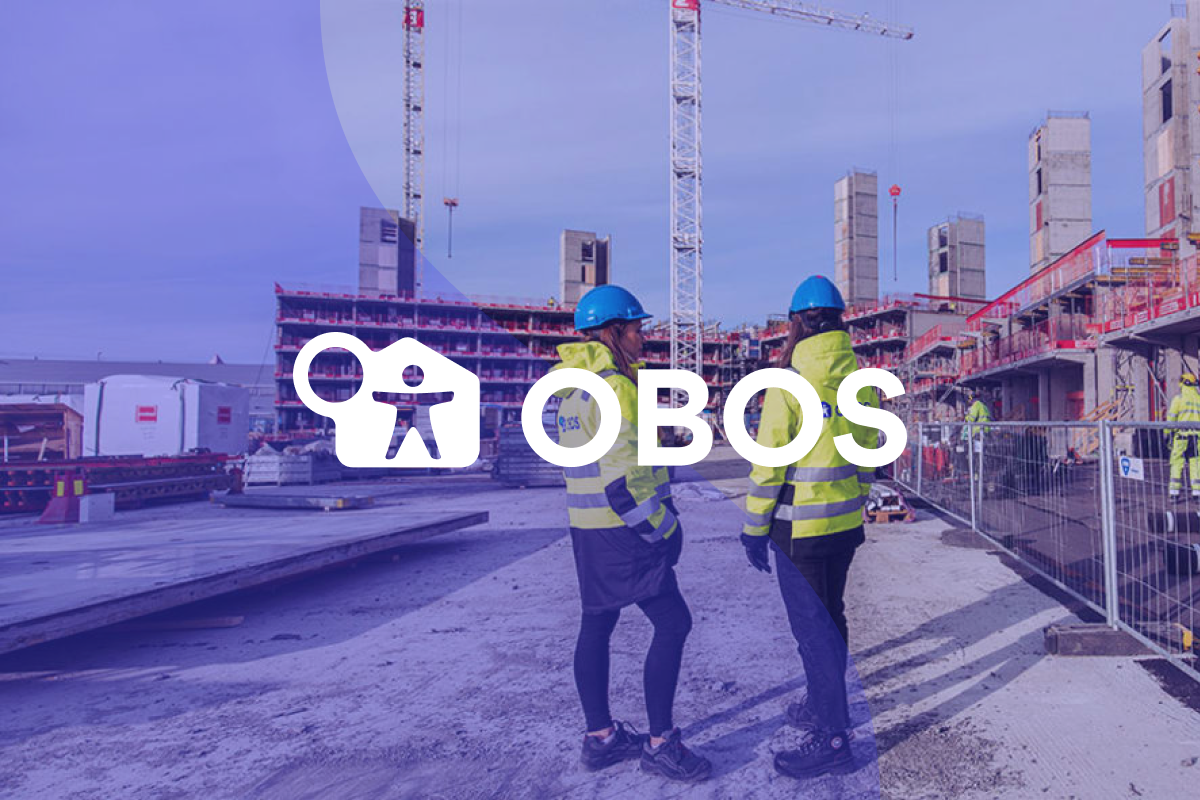 An image of a OBOS construction site with two people, a purple, swayed overlay and the OBOS logo in white over it