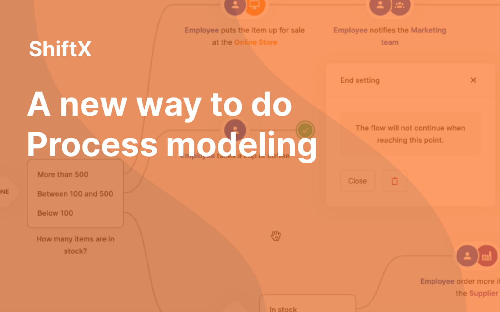 "ShiftX – A new way to do Process modeling" written in white over orange background showing a process visualization