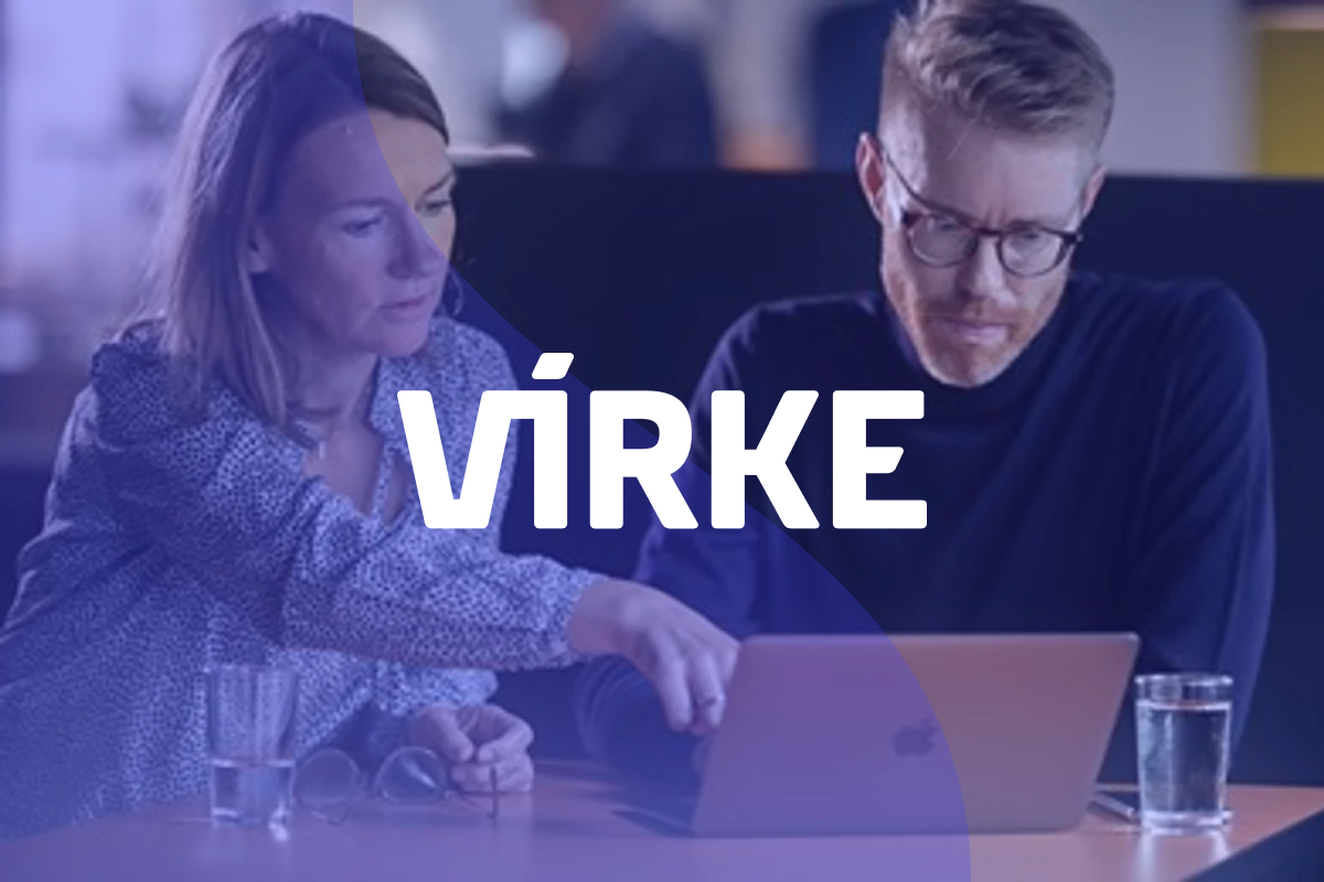 Two people looking at a lap top screen, with blue transparent overlay and the Virke logo over it
