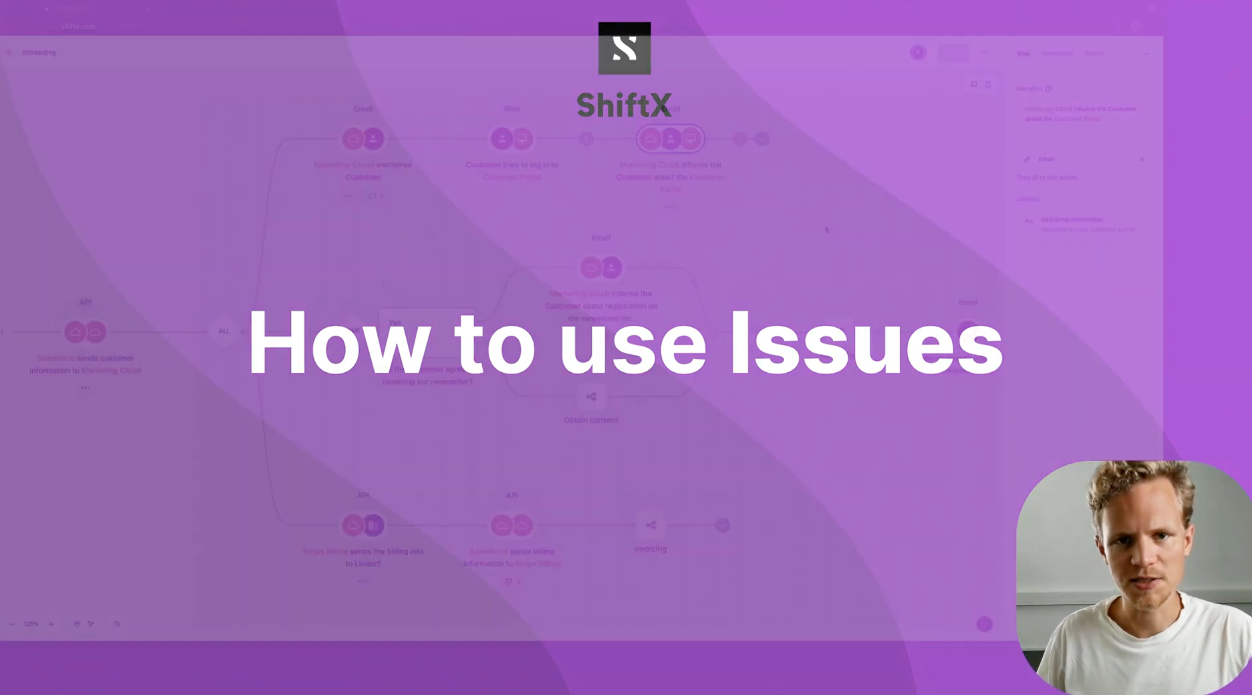 Screenshot of a ShiftX Youtube tutorial explaining how to use Issues in ShiftX