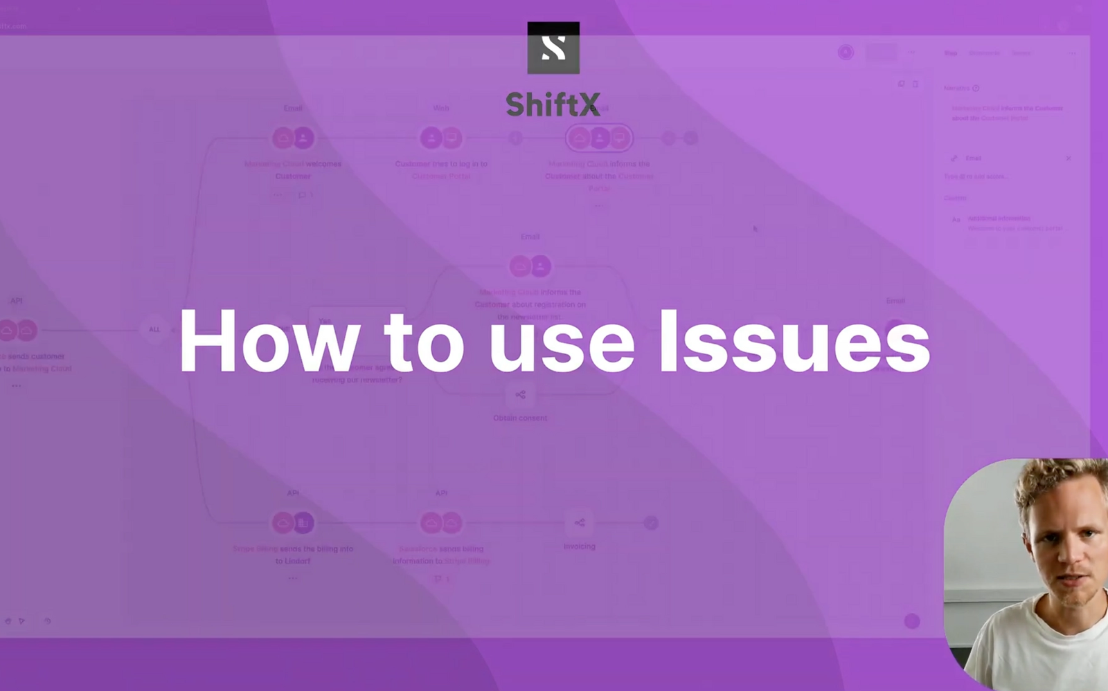 Screenshot of a ShiftX Youtube tutorial explaining how to use Issues in ShiftX