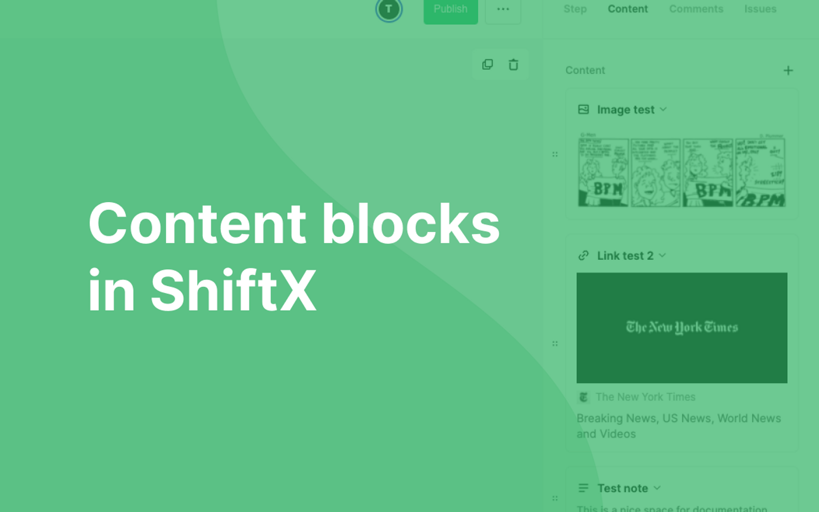 The text "Content blocks in ShiftX" written over a green transparent background, and a screenshot from the content blocks panel in ShiftX