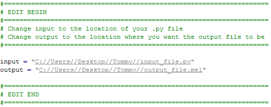 Code showing input and output variables
