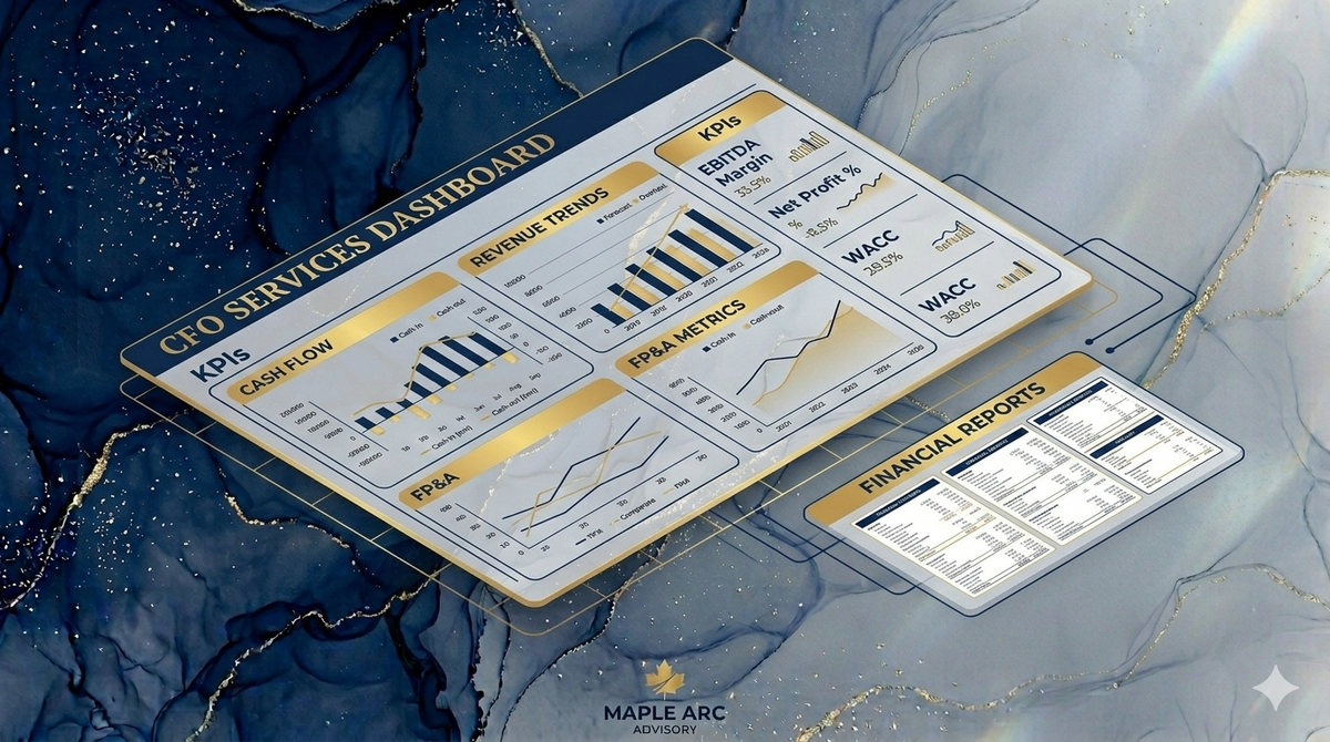 Modern CFO reviewing financial strategy dashboard in GCC corporate office