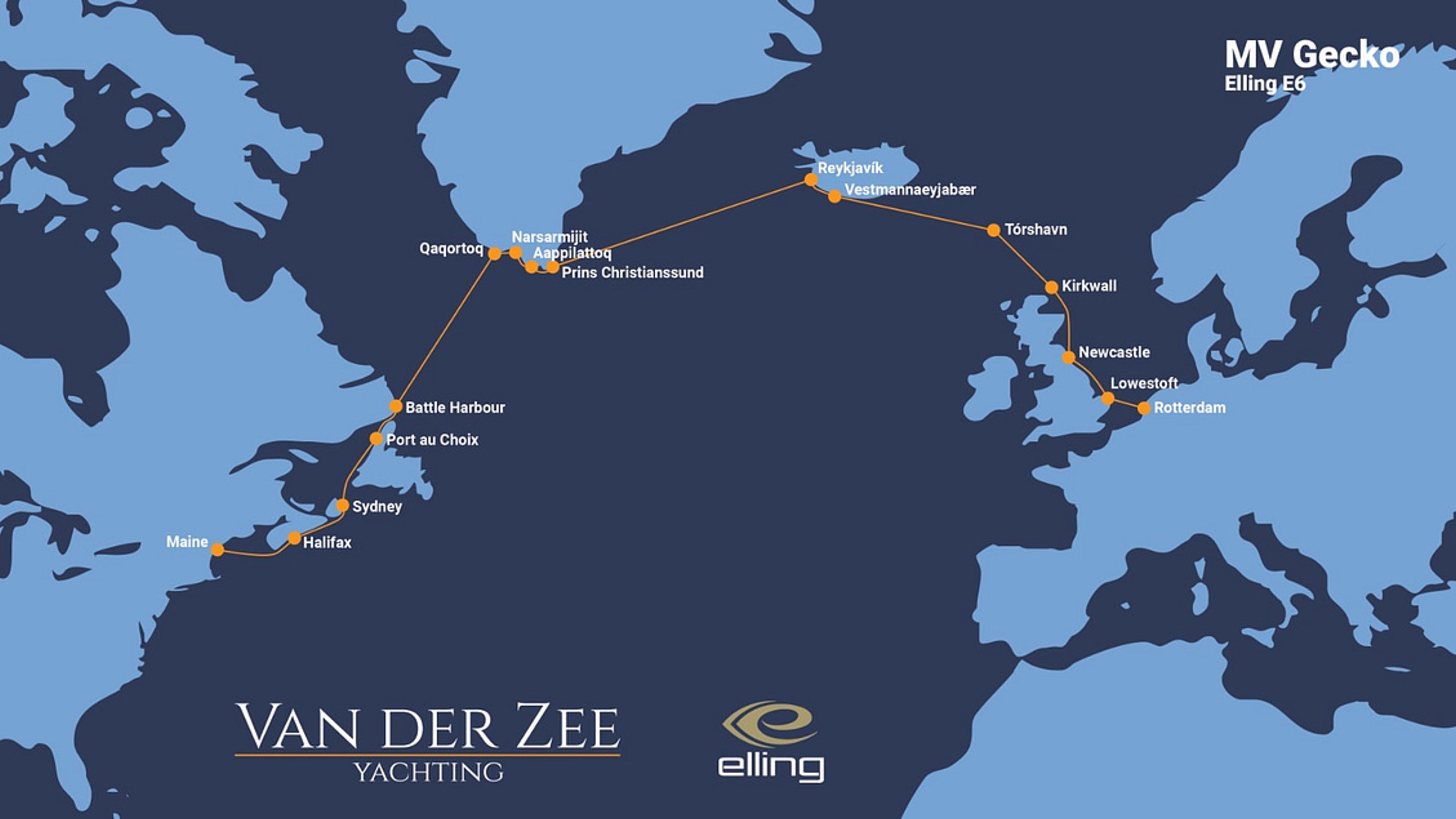 Een kaart van de route van MV Gecko van Rotterdam via Schotland, IJsland en Groenland naar Maine