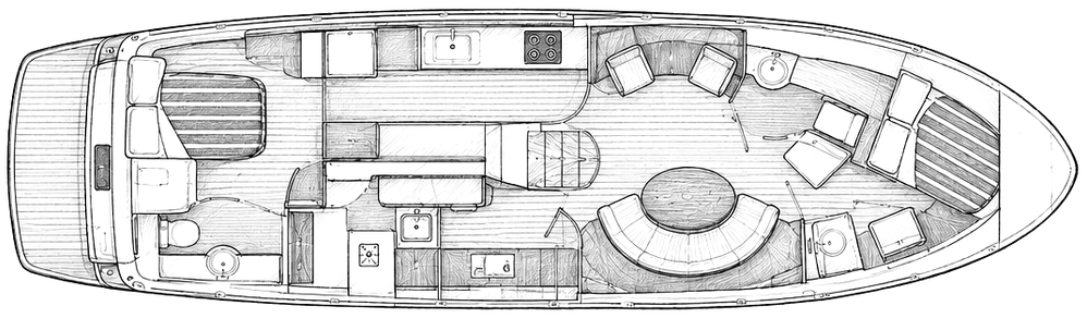 Potloodtekening van de indeling van de Elling E3 onder dek, met hutten, kombuis, salon en toiletten
