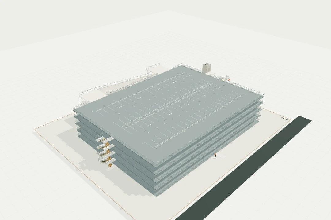 Five-level car park, 400 marked bays + external ramps
