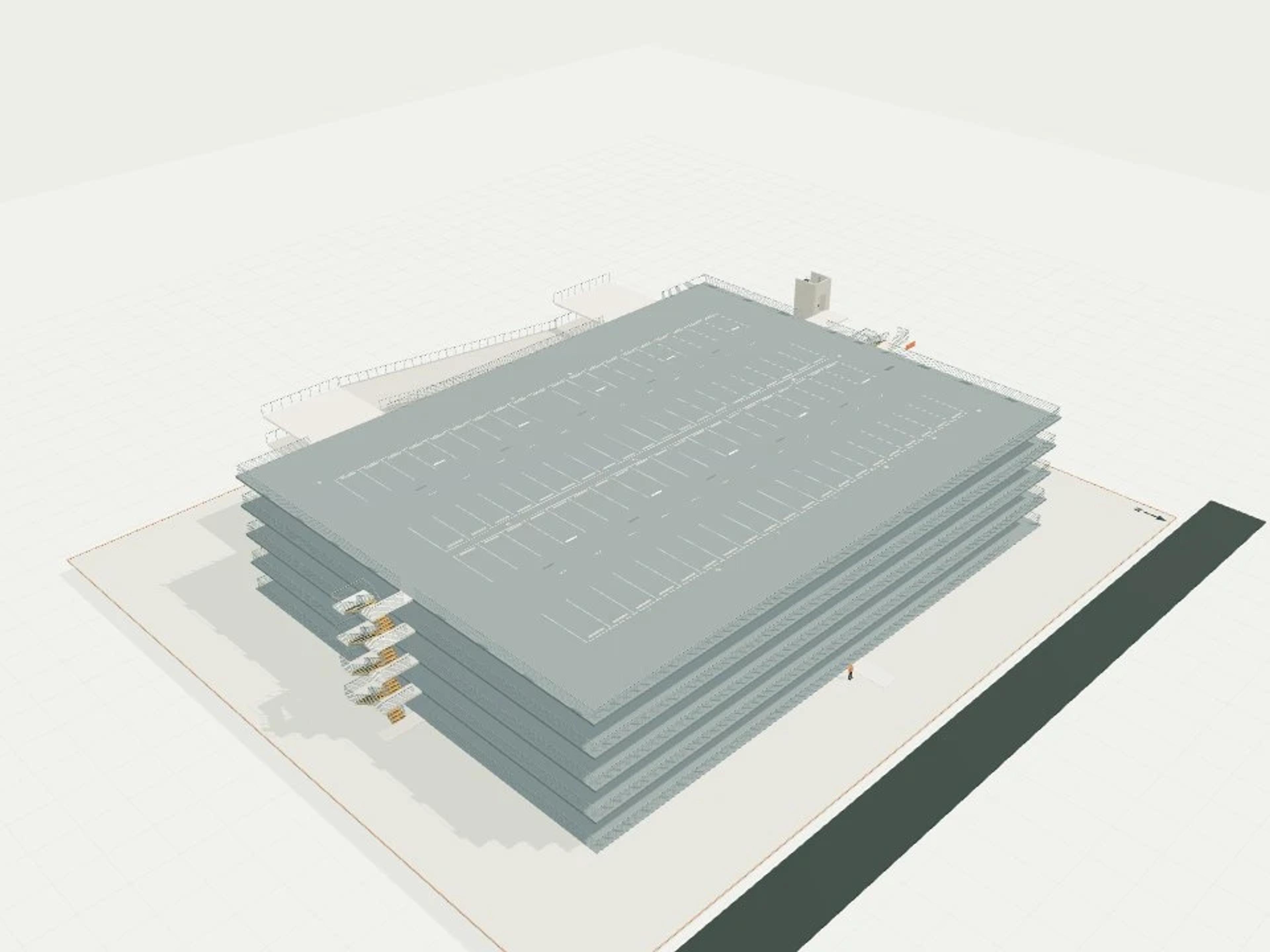 Five-level car park, 400 marked bays + external ramps