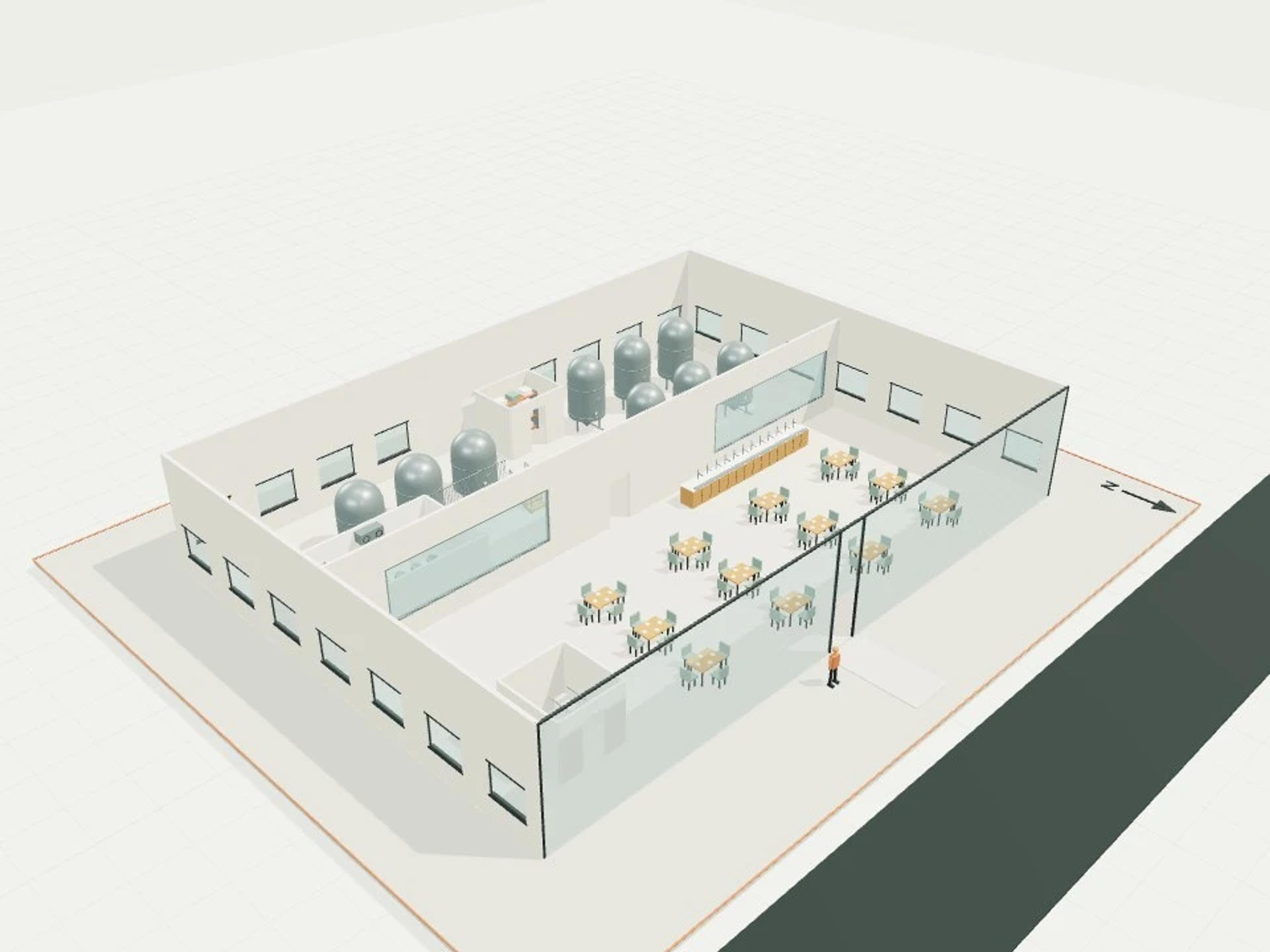 Brewery taproom, public room + visible brewhouse