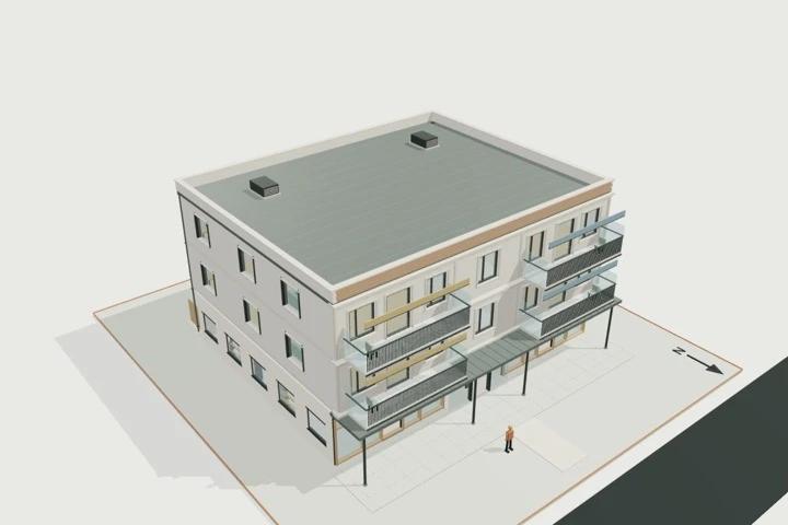Main-street mixed-use, 2 shops + 4 apartments