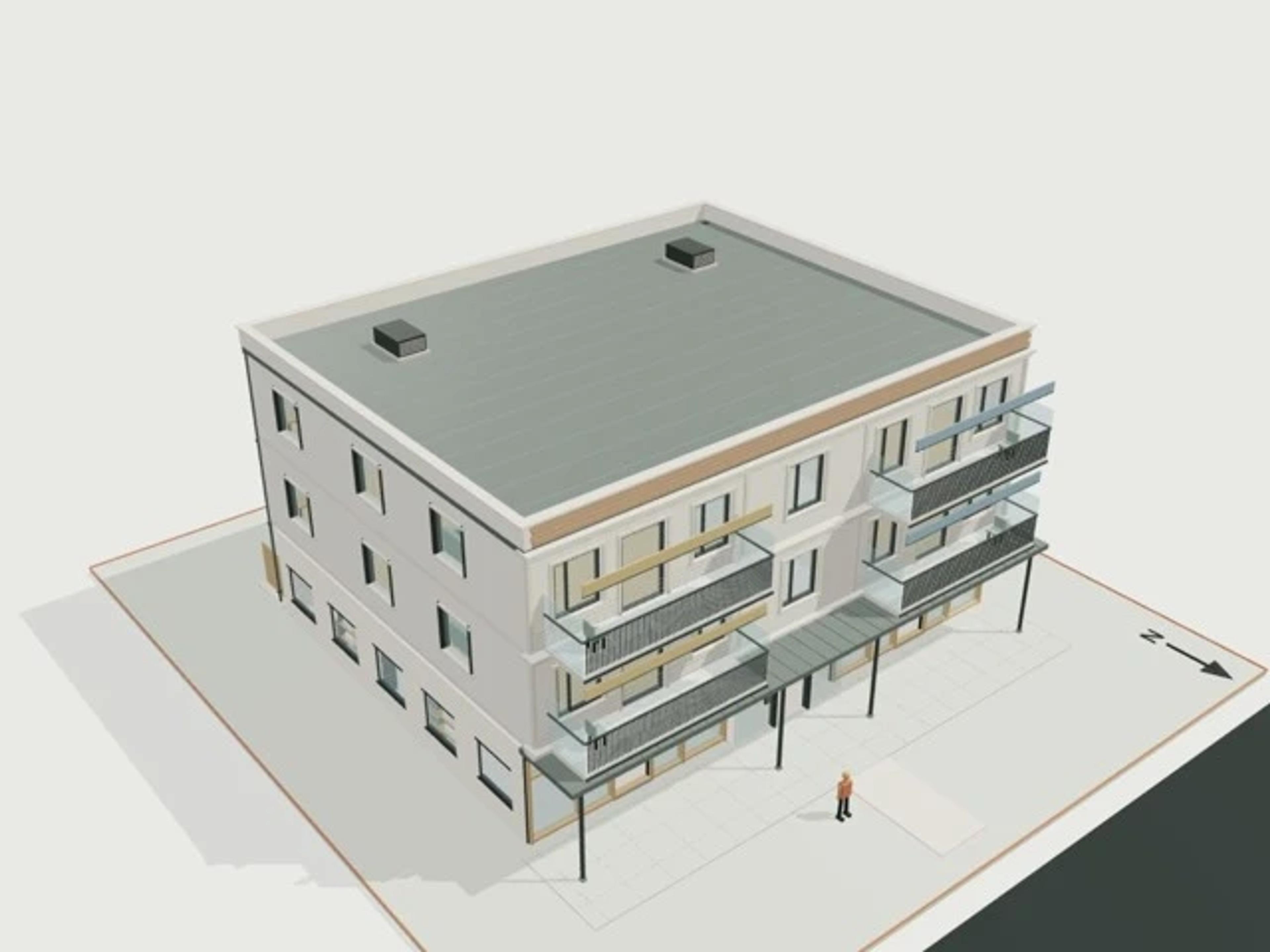 Main-street mixed-use, 2 shops + 4 apartments