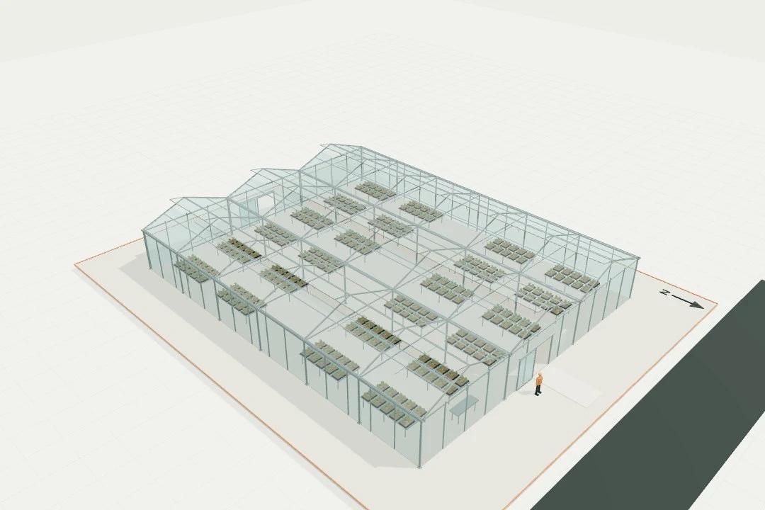 Three-bay gutter-connected glasshouse + 24 crop tables